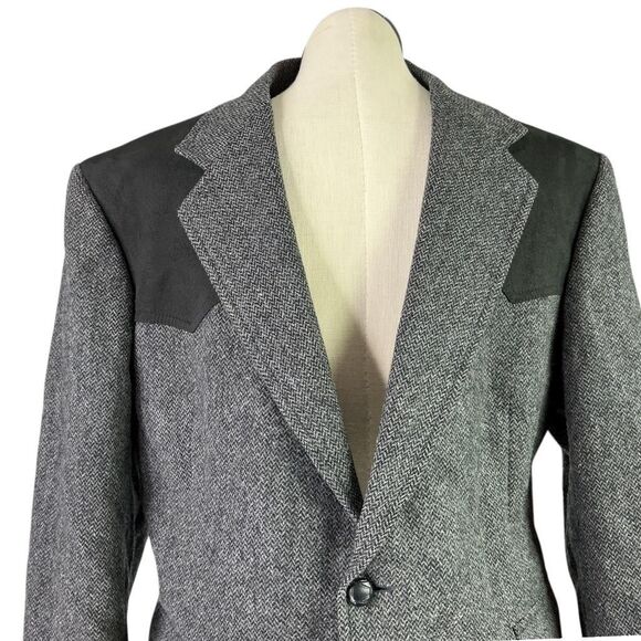 Pendleton Western Blazer Mens 44 Gray Black Tweed Wool Suede Cowboy Sport Coat - Picture 2 of 12